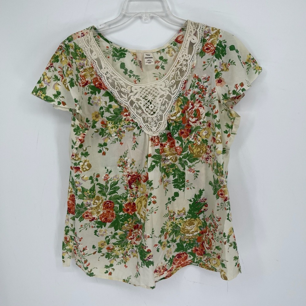 Route 66 Women's Cream Floral Lace Trim Flutter Sleeve Boho Top Blouse Size XL